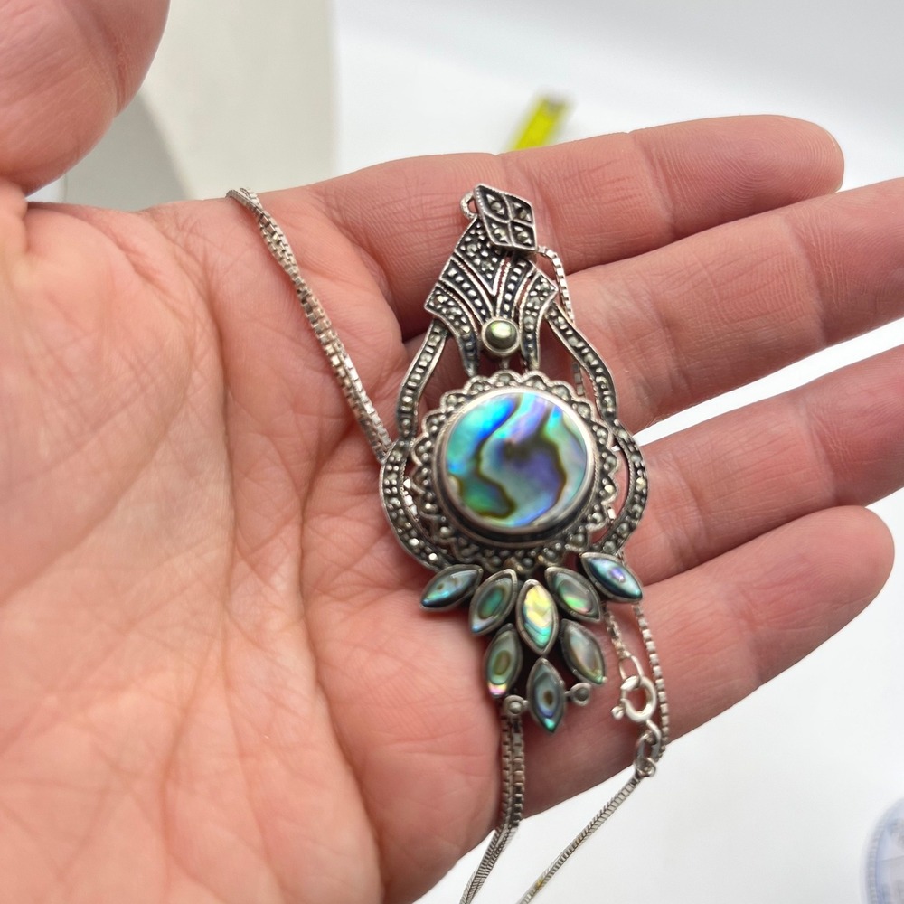 Sterling Silver Abalone Marcasite Pendant Brooch Necklace 30 Inch Box Chain 925 - Picture 9 of 9